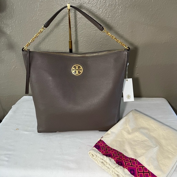 Tory Burch Carson Hobo Bag Silver Maple Pebbled Leather NWT Style 75421 - Picture 8 of 17